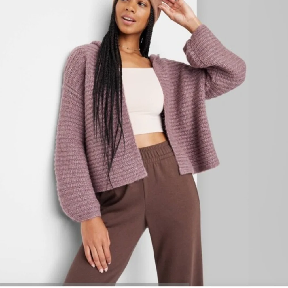 Wild Fable Chestnut Slouchy Ribbed Knit Open Front Hooded Cardigan Size XS